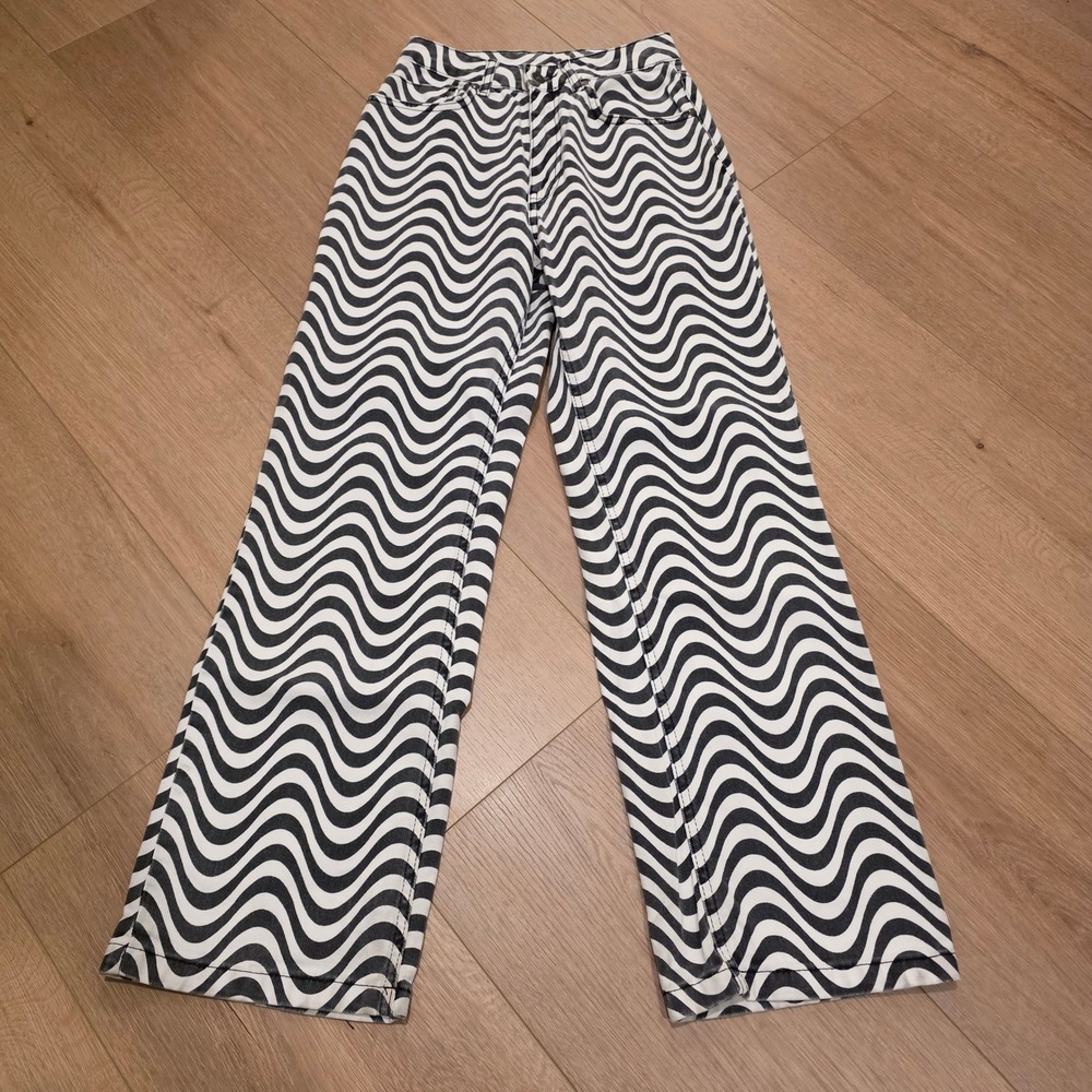 Ragged Jeans Black White Wavy Psychedelic Print Straight Leg Denim Pants 24